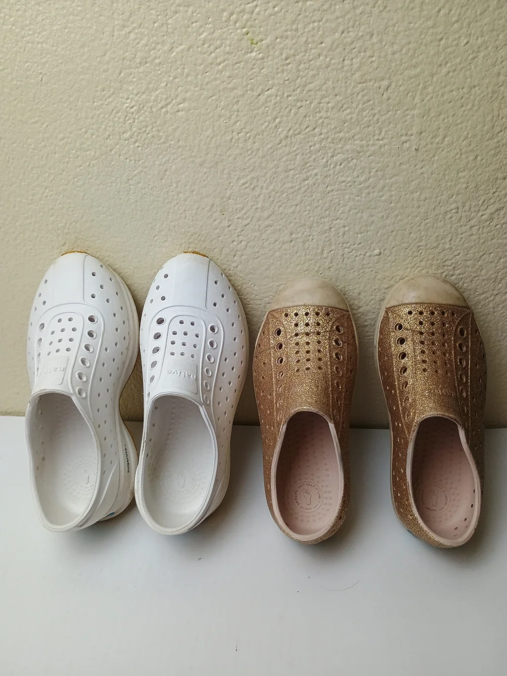 Native Little Kids Slip-On Water Shoes in White and Glitter Gold - Washable